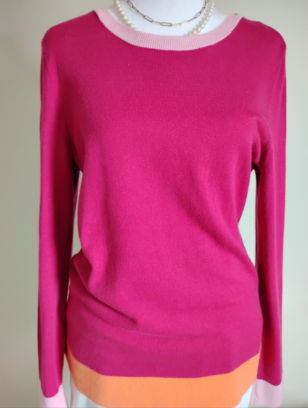 Talbots Cotton Blend Crewneck Sweater Pink Colorblock Colorful Casual Size Small